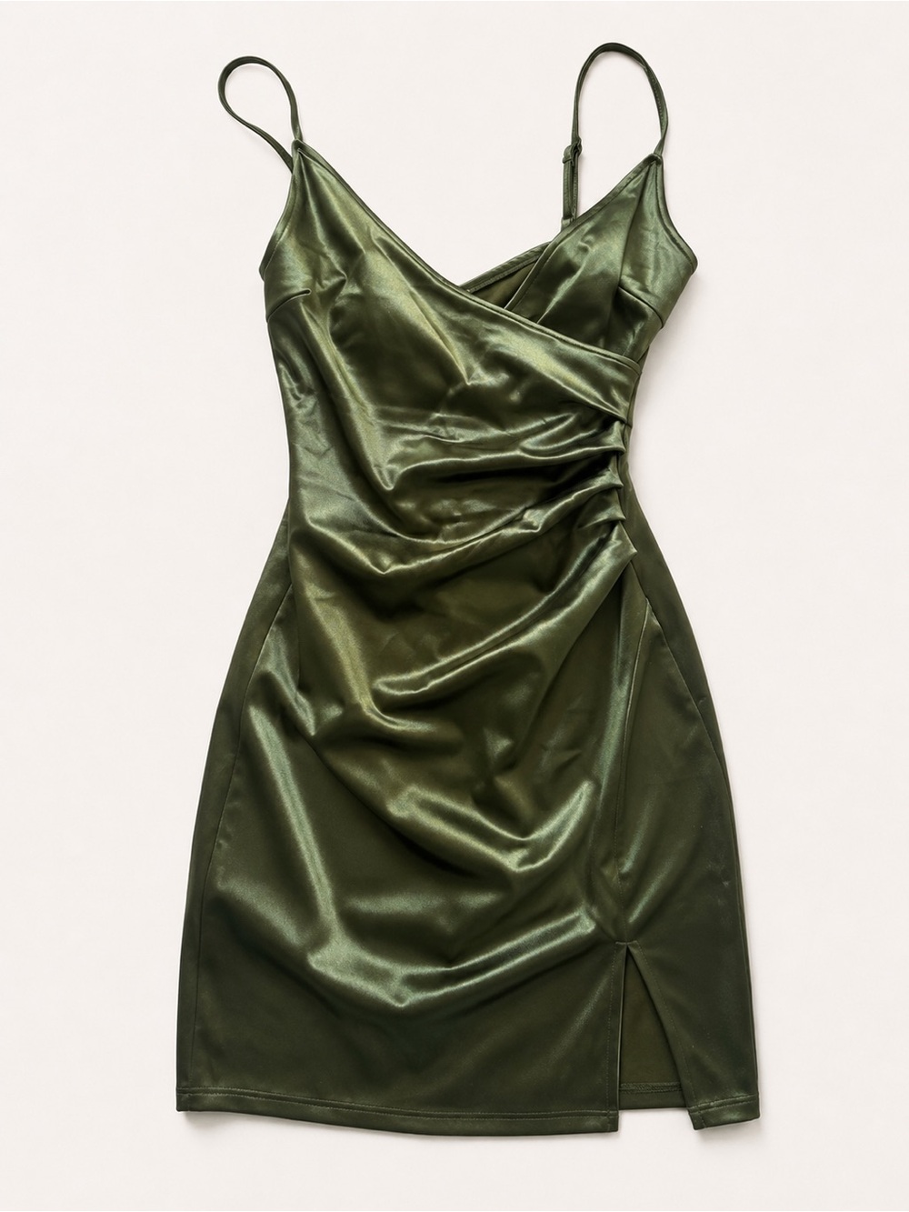 Olive Satin Slip Dress with Side Ruched Detail